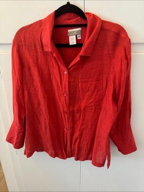 Coldwater Creek Red Linen & Silk Lightweight Button-Down Top